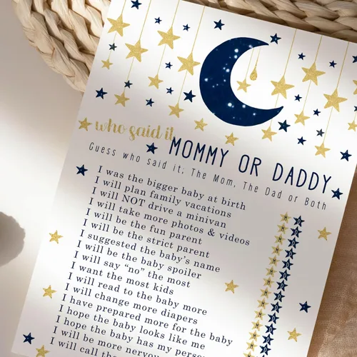 Vista 3 de Paper Clever Party Twinkle Little Star - Juegos de baby shower para niños, 25 tarjetas de juego de Adivina quién mamá o papá, divertidas actividades