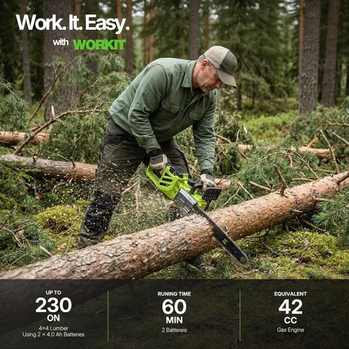 Vista 2 de WORKIT Motosierra eléctrica de 16 pulgadas, motosierra sin escobillas de 40 V inalámbrica con 2 baterías de 4.0 Ah, tensión de cadena sin