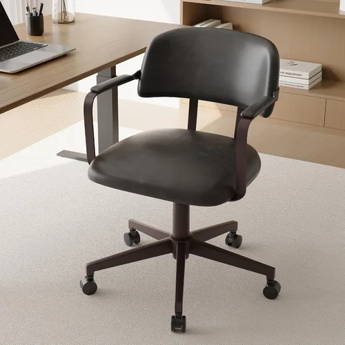 Vista 7 de BFZ Silla de escritorio retro de mediados de siglo para oficina en casa con respaldo, piel sintética, altura ajustable, giratoria, reposabrazos