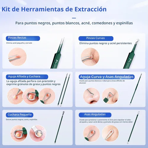 Vista 3 de Kit de herramientas para reventar espinillas, kit de 7 piezas de extractor de espinillas con caja para eliminar rápida y fácilmente espinillas