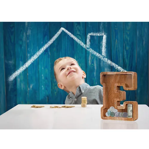 Vista 3 de Alcancía de madera grande personalizada con letras – Alcancía de letras para niños y niñas, regalo de cumpleaños (A)