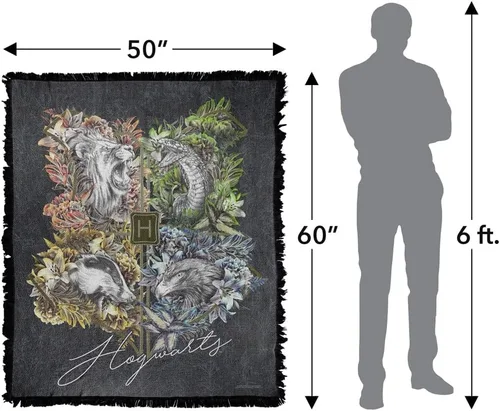 Vista 2 de Manta de Harry Potter, 50 x 60 pulgadas, diseño de líneas florales con crestas, tejido de mezcla de algodón, manta con flecos