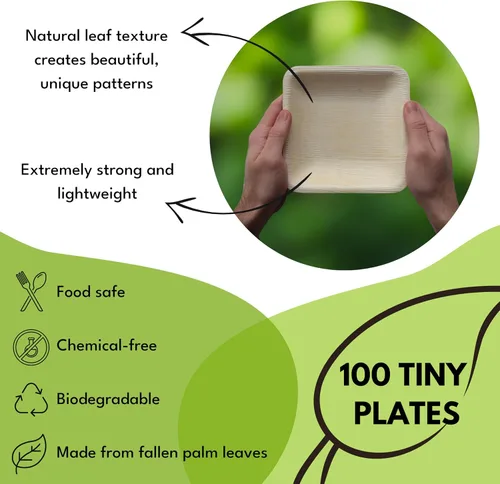 Vista 2 de Small 6 Inch Square Bamboo Plates Disposable - 100 Pack - Biodegradable Palm Leaf Dessert Plates for Appetizers and Cocktail Party - Compostable and