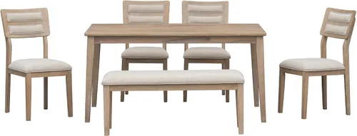 Vista 82 de Juego de mesa de comedor vintage de 6 piezas, juego de mesa de comedor de cocina de madera maciza con 4 sillas ergonómicas acolchadas y banco, mesa