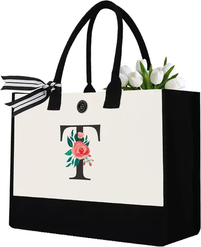 Vista 23 de Initial Canvas Tote Bag, Monogrammed Tote Bags Suitable for Mother's Day Wedding Beach
