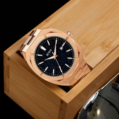 Vista 2 de BUREI Relojes de pulsera para hombre, relojes analógicos de cuarzo de acero inoxidable para hombre