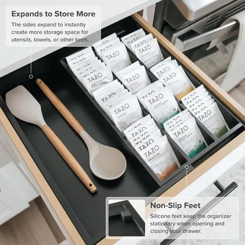 Vista 6 de KitchenEdge Organizador de cajón de cocina para bolsitas de té y cápsulas de café, expandible de 9.7 a 17 pulgadas, 10 compartimentos de Negro Bambú