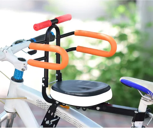 Vista 7 de Together-life Asientos de bicicleta para niños montados en la parte delantera, portabicicletas plegables con barandilla y pedal para bicicletas