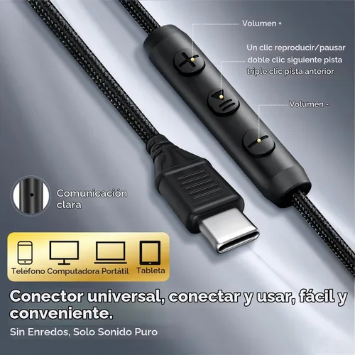 Vista 6 de Auriculares USB C con cable con micrófono, auriculares tipo C sobre la Negro