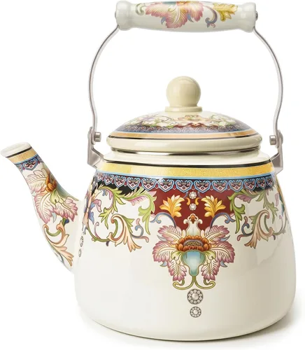 Vista 8 de Tetera de Esmalte Cerámico Floral Tetera para Estufa, Tetera Grande de Porcelana Esmaltada (blanco) (2.4L, blanco2)