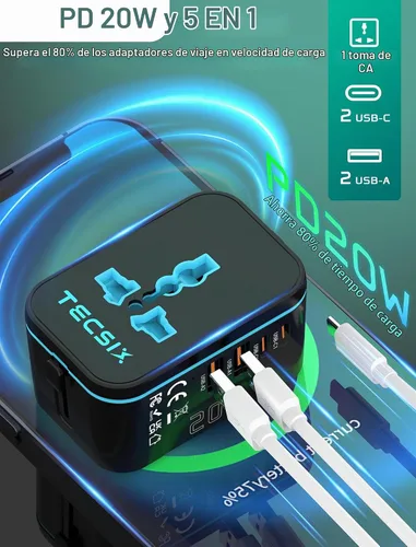 Vista 2 de Adaptador de Viaje Universal, Adaptador de Energía Internacional con 2 USB-C, 2 Puertos USB-A, Múltiples Salidas AC para UE, EE. UU., Reino Unido