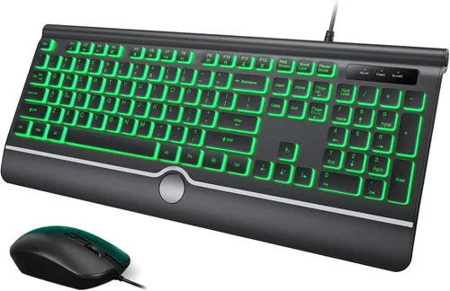 Vista 8 de Combo de teclado y ratón con cable - Teclado retroiluminado con letras grandes, teclado USB silencioso con cable y ratón óptico para Windows, PC