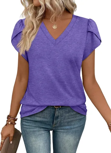 Vista 11 de WIHOLL Camisetas casuales de verano con cuello en V para mujer Negro