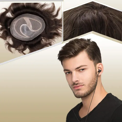 Vista 15 de Toupee para hombres sistemas de reemplazo de cabello humano real europeo para hombres, postizos finos, centro de encaje, piel más gruesa, pieza