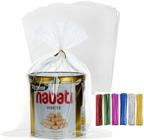 Vista 17 de 200 bolsas de celofán planas de celofán de 4 x 9 pulgadas, transparentes y gruesas, con lazos torcidos de 6 colores, embalaje, galletas, dulces