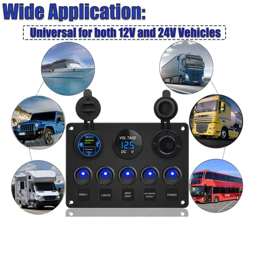 Vista 7 de Panel de interruptor basculante de 5 posiciones con PD Tipo-C, cargador USB, voltímetro digital y salida de 12V para automóvil, barco, camión