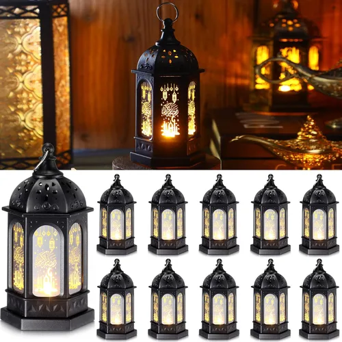 Vista 8 de Threan 2 faroles de Ramadán con luces LED mini Eid Mubarak, decoraciones de Ramadán para el hogar, mesa, pared, centros de mesa y decoración