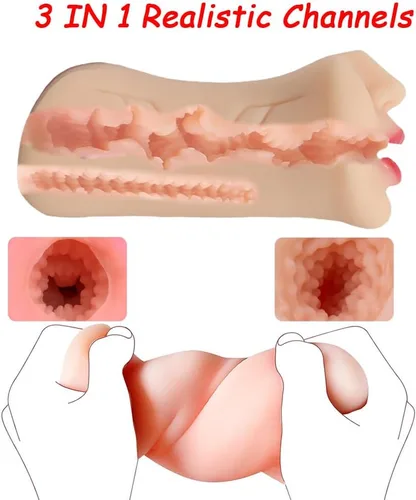 Vista 3 de Masturbador masculino 3 en 1 realista con vagina de bolsillo, anal y boca, juguete sexual portátil para adultos en TPE, muñeca sexual realista