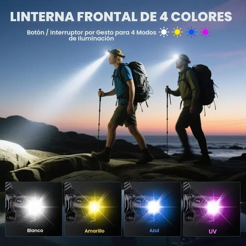 Vista 4 de YNYS Linterna frontal recargable con 4 colores (blanco/amarillo/azul/UV), 990000 lúmenes, faros superbrillantes con 90° ajustable, zoomable, lámpara