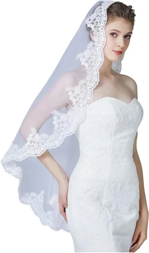 Vista 3 de Velo de novia de boda con peine de 1 nivel, borde de encaje de color marfil