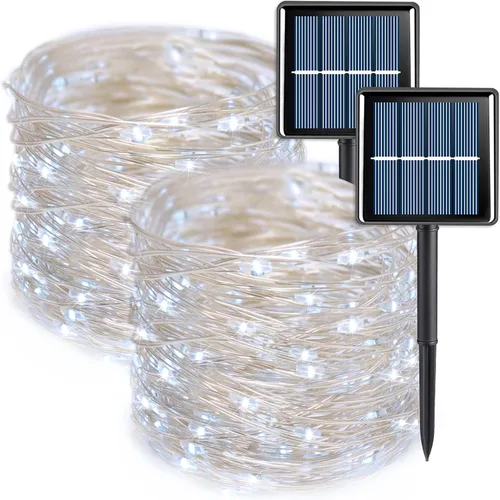 Vista 13 de QITONG Luces solares de Navidad multicolor para exteriores, paquete de 2 unidades de 200 luces LED solares de 66 pies cada uno, alambre plateado