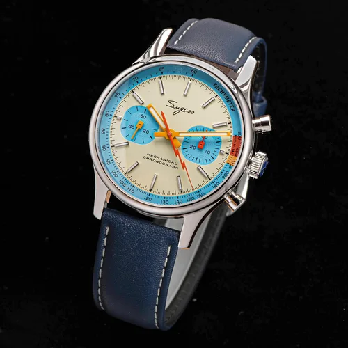 Vista 4 de Sugess S387.01.ITE Verde azulado Ojos Azul Cisne Cuello x Crono Italiano Reloj para Hombre Gaviota 1963, plateado, Italiano