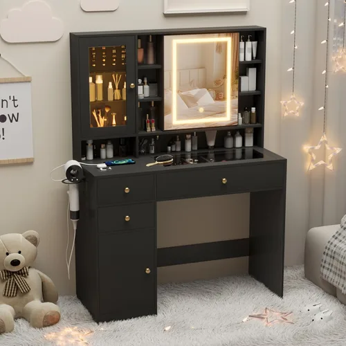 Vista 17 de Wodeer Pequeño escritorio de maquillaje con espejo y luces, tocador con armario de cristal, luces LED y toma de corriente, cajón y gabinetes