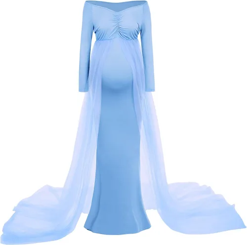 Vista 2 de Vestido de maternidad de manga larga con hombros descubiertos para mujer, de tul elegante, ajustado, para baby shower, fotografía, maxi vestido