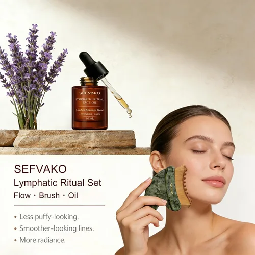 Vista 2 de Cepillo facial linfático contorno con aceite, cerdas suaves y jade Gua Sha Oro+verde+marrón