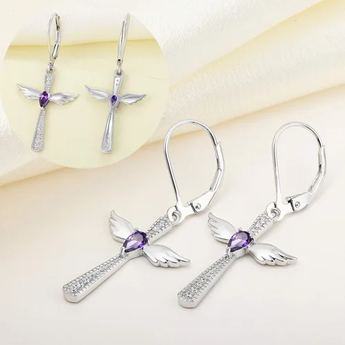 Vista 5 de YL Pendientes de cruz de plata de ley 925 con alas de ángel, pendientes de lágrima y piedras natales colgantes, Metal