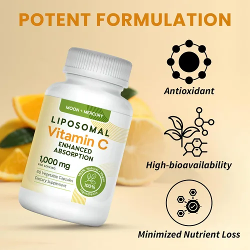 Vista 4 de Suplemento de vitamina C liposomal Moon + Mercury, 1000 mg, 60 cápsulas Fórmula de vitamina C a base de lípidos con 1000 mg por porción; 60