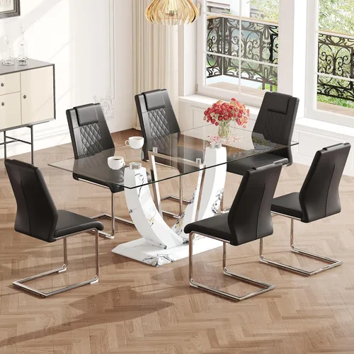 Vista 11 de JUFU Juego de mesa de comedor de cristal de 71 pulgadas para 6, juego de mesa de comedor moderno con base de textura de mármol sintético blanco
