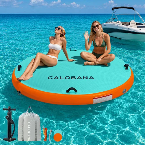Vista 15 de CALOBANA Hamaca de agua inflable redonda flotante, flota lago isla balsa plataforma de muelle inflable para adultos, piscina, río, fiesta en la playa