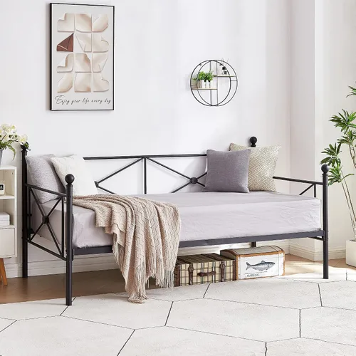 Vista 8 de VECELO Marco de cama de día con cabecero, plataforma de soporte de listones de metal resistente para sala de estar, habitación de invitados, fácil