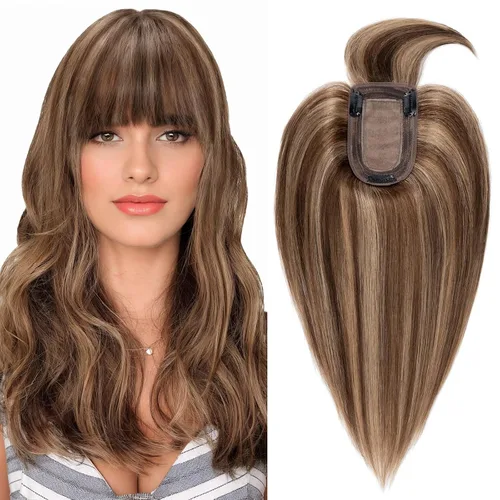 Vista 34 de Benehair Peluca de cabello con clip con flequillo, peluca secreta de cabello 100% humano, postizo superior con flecos, peluca de repuesto