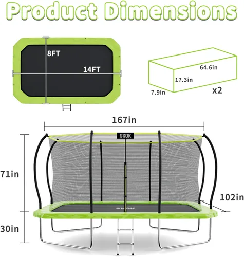 Vista 8 de SKOK Trampolín rectangular para exteriores de 14 pies con red y escalera para niños