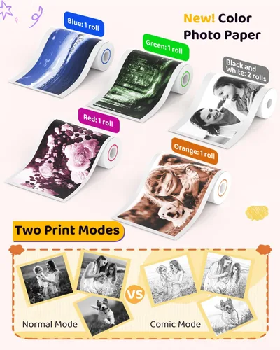 Vista 5 de Cámara de impresión instantánea en color para niños – Cámara para niños con 5 papeles fotográficos de color, video de 48MP y 1080P, 21 marcos