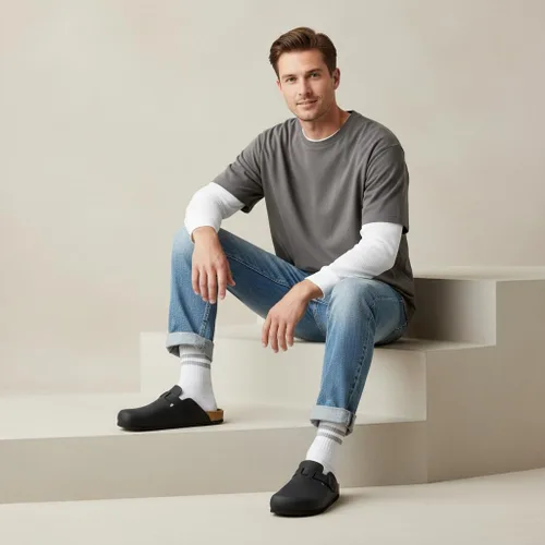 Vista 4 de CUSHIONAIRE Haze Zuecos para hombre, cómodos zuecos sin cordones para hombre con soporte de arco y plantilla de gamuza de corcho, zapatos perfectos