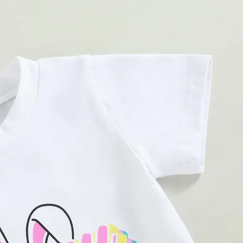 Vista 3 de Traje de Pascua para bebé niña, camiseta de manga corta de conejomameluco con pantalones acampanados, traje de Pascua para niña pequeña