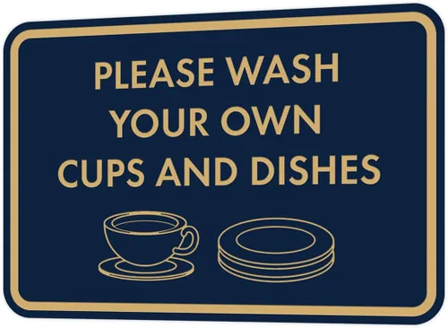 Vista 26 de Letrero clásico enmarcado con texto en inglés «Please Wash Your Own Cups and Dishes» (negro)