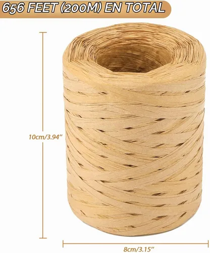 Vista 3 de Cordel de cinta de papel de rafia natural de 656 pies, cuerda de rafia de 1/4 de pulgada, cinta de papel de embalaje resistente para ramos de Marrón