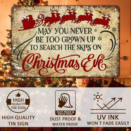 Vista 4 de Letreros de Navidad de Metal Vintage de Lata, May You Never to Too Grown Up to Search The Skies Christmas Eve 8x12 Pulgadas Arte Rústico de Pared