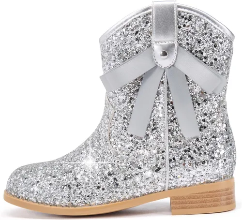 Vista 7 de Coutgo Botas vaqueras para niñas, botas de tacón bajo con purpurina, botas Azul