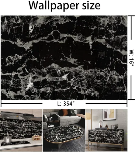 Vista 7 de BAYYA Papel tapiz de granito de mármol blanco y negro, grueso, brillante, 16 x 354 pulgadas, papel de pared de vinilo oscuro, papel de contacto
