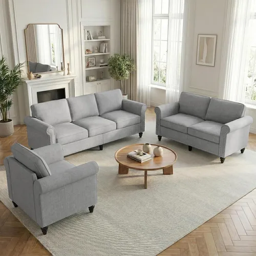 Vista 11 de Mjkone Juego de 2 Piezas para Sala de Estar, Sofás Seccionales, Juego de Sofá y Silla, Sofá Moderno de Lino con Marco de Madera y Patas