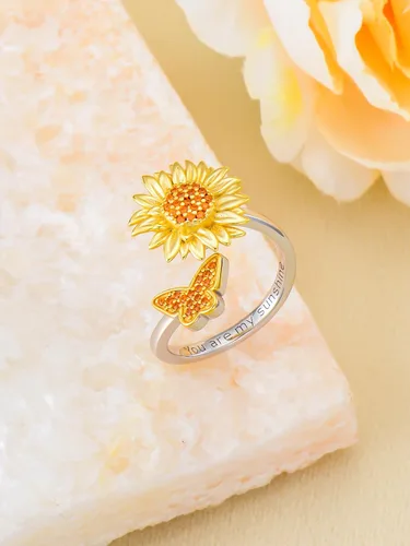 Vista 4 de Anillo ajustable de abejamariposamostazacolibrígatoarco iris para mujer, plata de ley 925, anillos de cuchara para mujer, tamaño adecuado