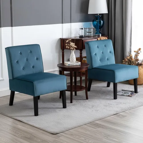 Vista 6 de Container Furniture Direct Reese - Silla moderna de mediados de siglo para sala de estar, sin brazos, con botones y patas de madera maciza, 2 azul