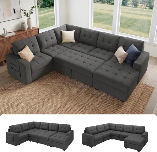 Vista 10 de HONBAY Sofá Seccional Cama Extraíble, Sofá Seccional en Forma de U con Chaise de Almacenamiento, Sofá Cama para Sala de Estar, Beige