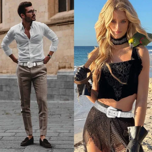 Vista 5 de UnFader Cinturones occidentales con diamantes de imitación para mujer y hombre, diseño de vaquera, cinturones con tachuelas de diamantes para jeans