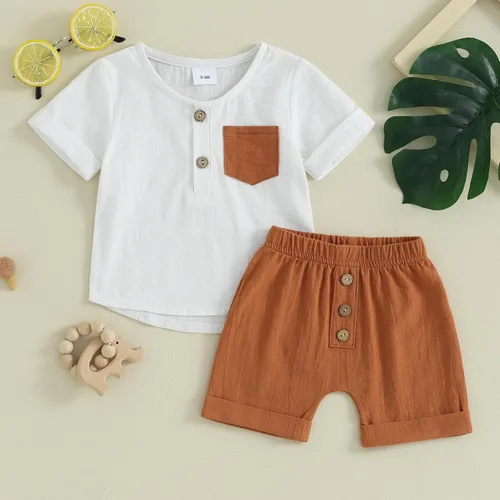 Vista 79 de Conjunto de ropa casual de manga corta con botones y pantalones cortos de lino para bebés y niños pequeños